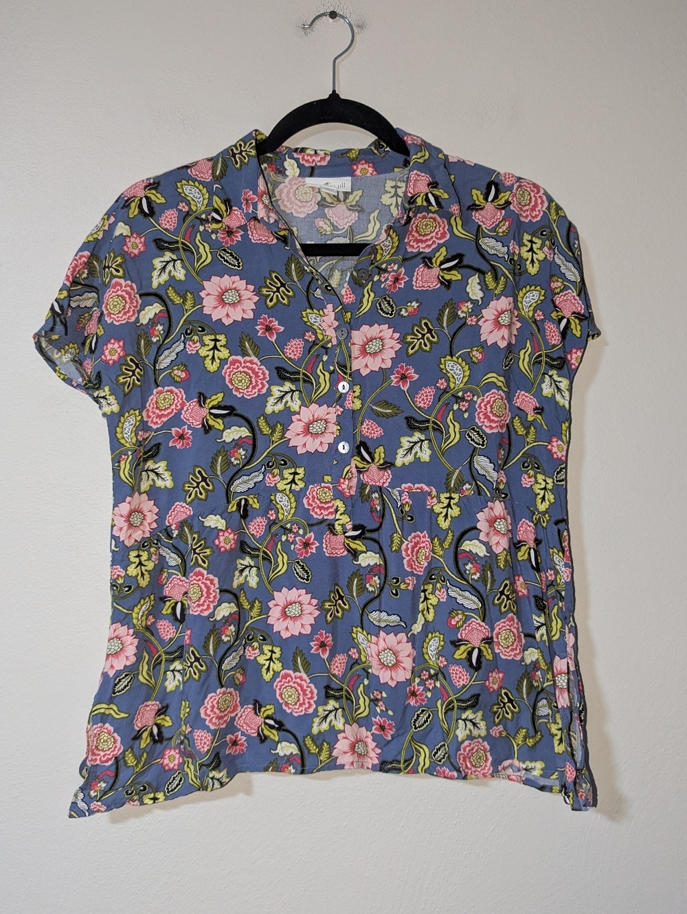 XS Petite J. Jill Blue Floral Viscose Rayon Blouse